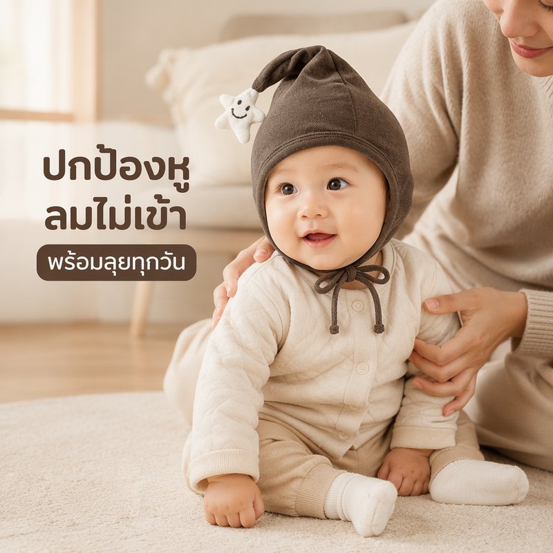 หมวกกันหูเด็กอ่อน หมวกเด็กกันลม ผ้าฝ้ายนุ่ม เชือกผูกปรับได้ ลายดาว หูกระต่าย สำหรับแรกเกิด รูปที่ 9