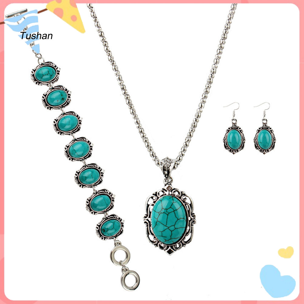 [Ts] 4 ชิ้น/เซ็ต Vintage Faux Turquoise ดอกไม้จี้สร้อยคอต่างหูสร้อยข้อมือ