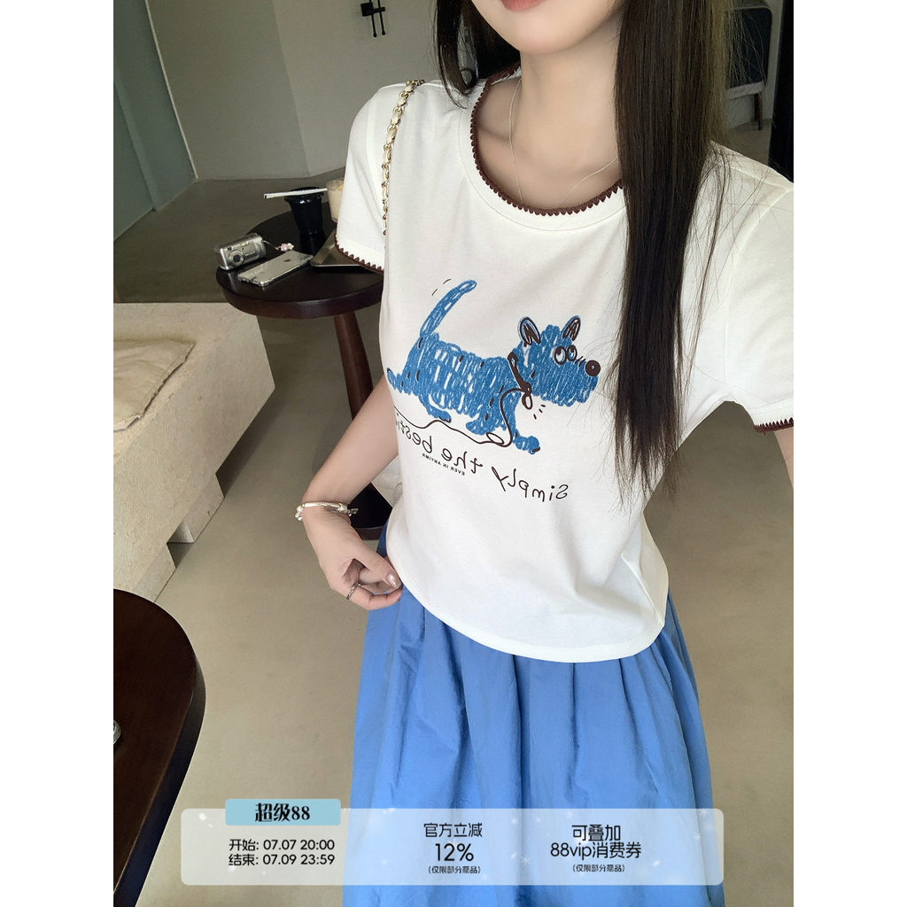 Wu 77 เกาหลีการ์ตูนพิมพ์รอบคอไหล่แขนสั้นเสื้อยืดผู้หญิงสีทึบ a-Line กระโปรงชุดสองชิ้นฤดูร้อน