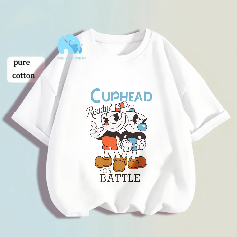 Cuphead Kids T เสื้อสําหรับการต่อสู้การ์ตูนพิมพ์ผ้าฝ้ายแท้ชุดลําลองแขนสั้นฤดูร้อนสําหรับเด็กชายและเด