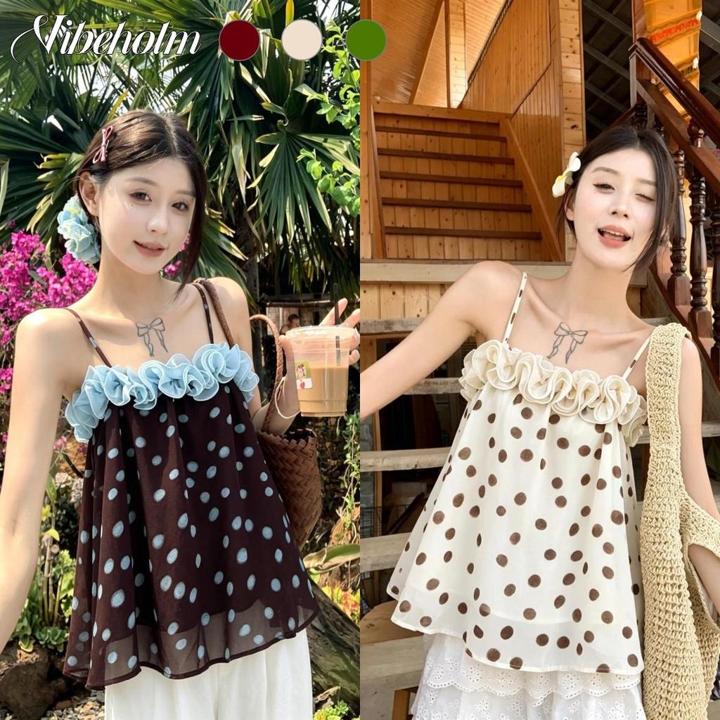 เสื้อสายเดี่ยวลายจุดผู้หญิงสไตล์หวานพร้อม รัฟเฟิล.แฟชั่นหลวมช่วยลดอายุเหมาะกับชุดฤดูร้อน เสื้อแขนกุดผู้หญิงดีไซน์คล้องคอลายจุดเซ็กซี่คล้องคอแบบ