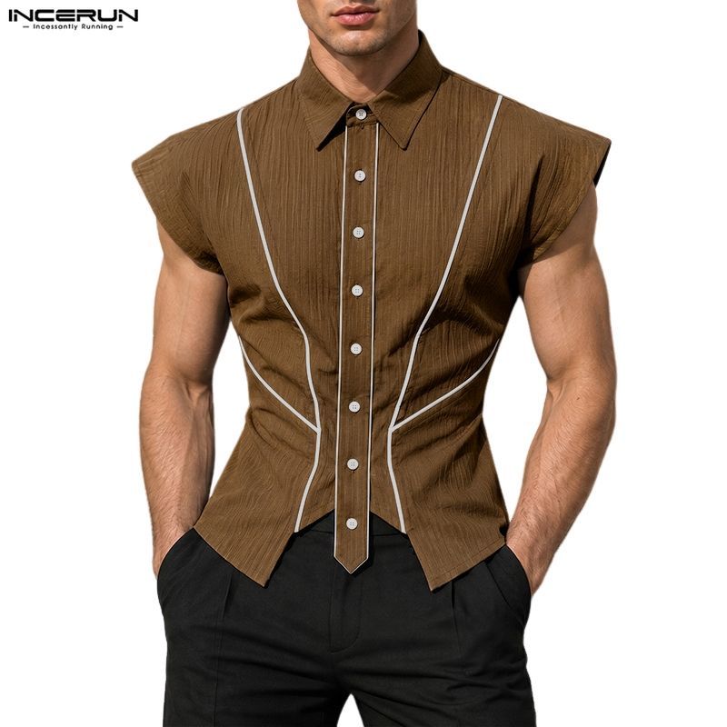 INCERUN Men Vintage Business Fashion Lapel Flying Sleeve Contrast Colours Button Up Profile Shirts