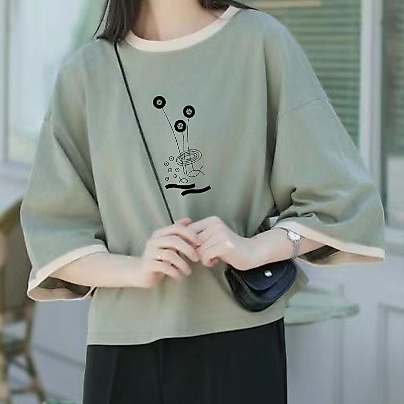 เสื้อครอปสาวอวบอ้วนไซส์ใหญ่ oversize เสื้อผ้าแฟชั่นวัยรุ่นน่ารัก เสื้อยืดลายการ์ตูนสวยๆผู้หญิงฤดูร้อนใหม่ แขนห้าส่วนสีทู