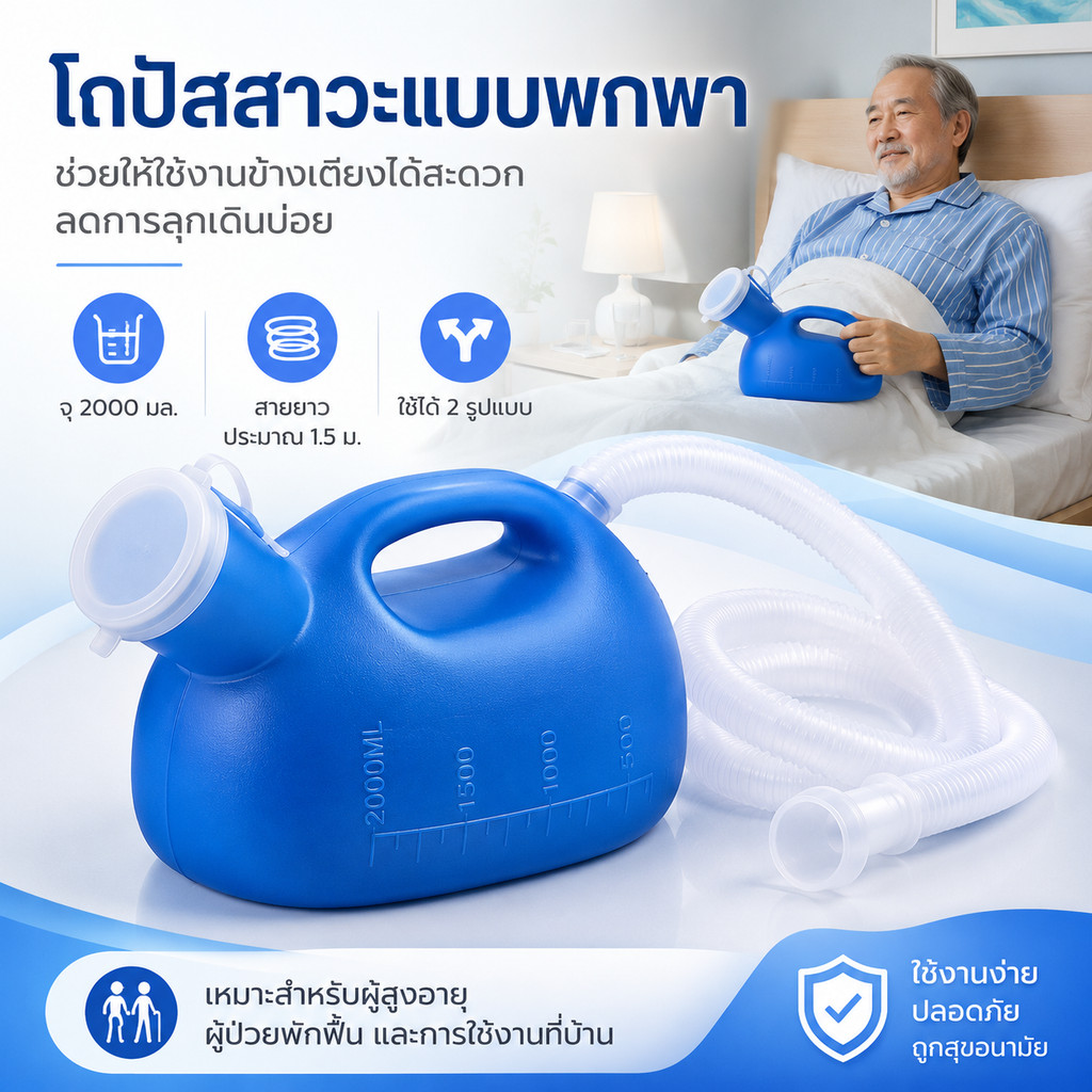 ส่งเร็ว โถปัสสาวะข้างเตียง2000mlสำหรับผู้สูงอายุและผู้ป่วย สายยาว1.5เมตร ปากกว้าง เทง่าย มีฝาปิด ป้องกันกลิ่น พกพาสะดวก