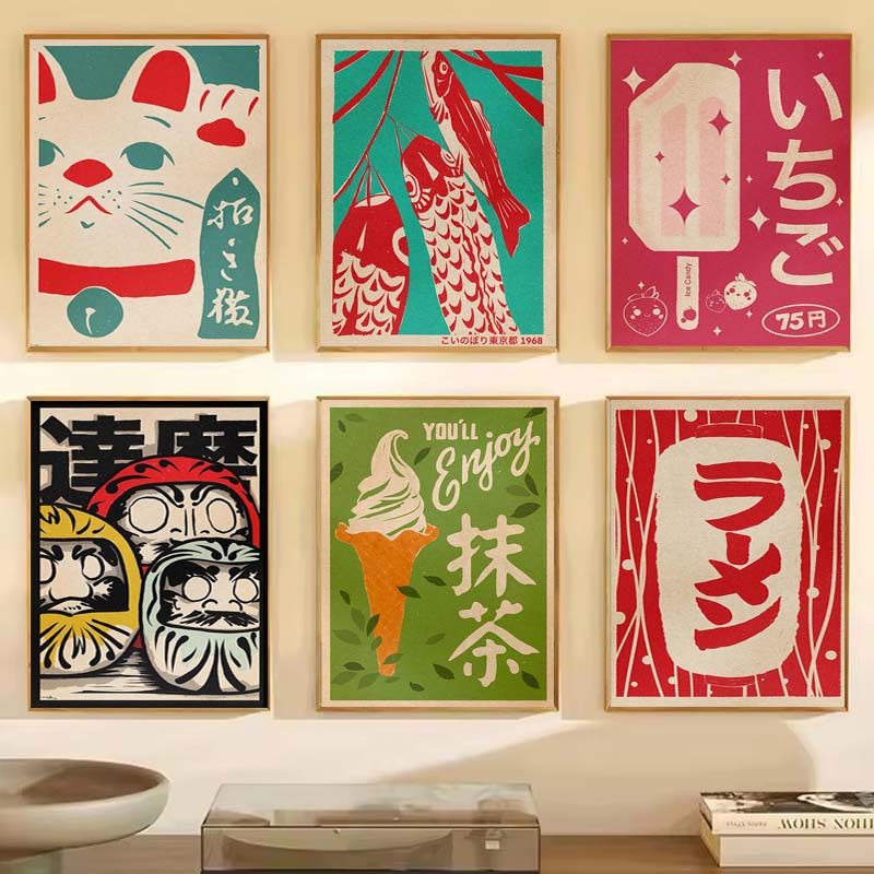 Retro ญี่ปุ่น Pop Art Lucky Cat Matcha Vintage โปสเตอร์ผ้าใบภาพวาดภาพผนังตกแต่งห้องครัว