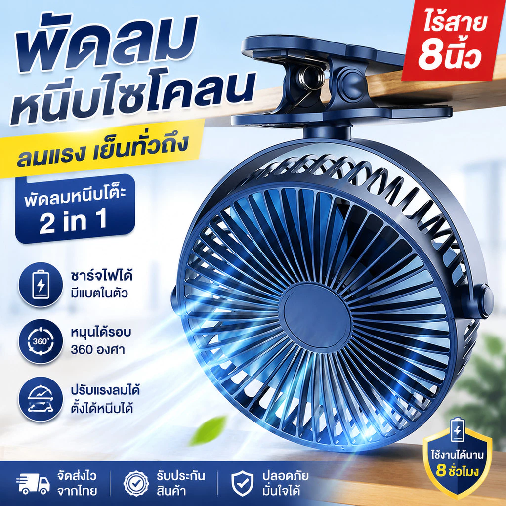 【 พัดลมไร้สาย 8 นิ้ว 】พัดลม ชาร์จ แบตเตอรี่ในตัว พัดรมแบบหนีบ พัดลมพกพา พัดลมติดผนัง คลิปหนีบ ตั้งโต๊ะ clip fan 8"