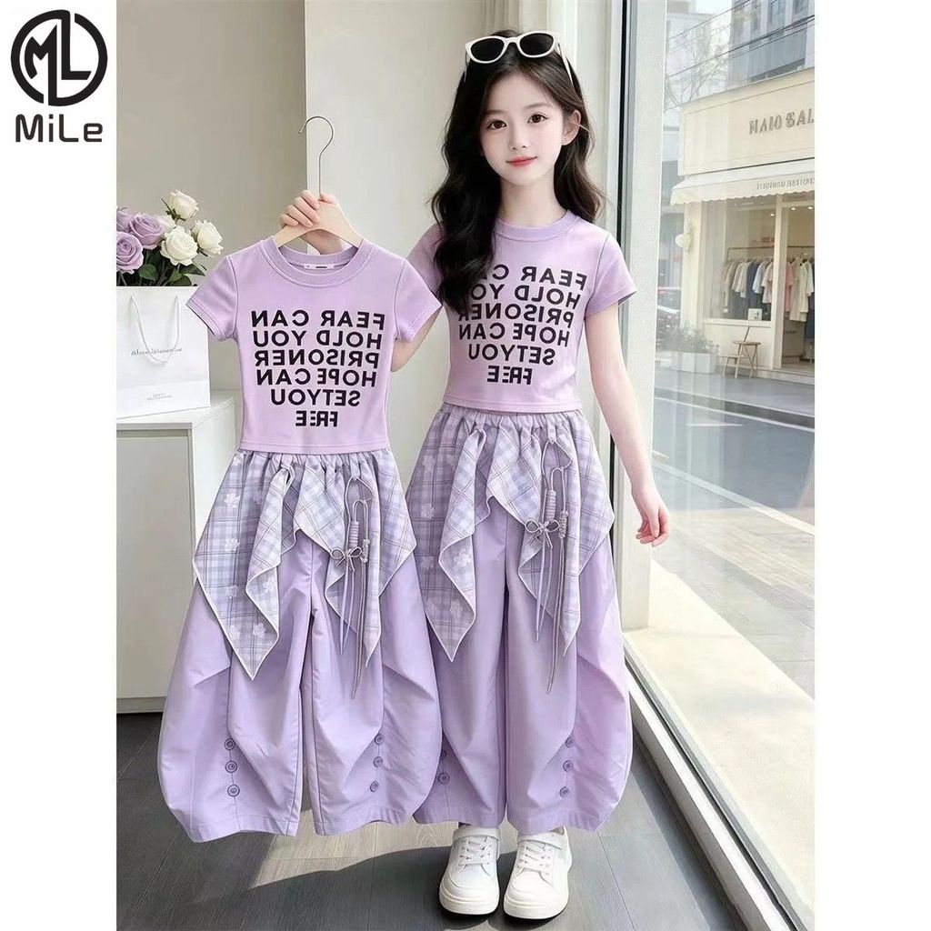 [มล] 100-150ซม สาวกลางเด็กใหญ่บางสูทรูปแบบใหม่สีม่วงพิมพ์ตัวอักษรแฟชั่นเด็กสาวชุดสองชิ้น