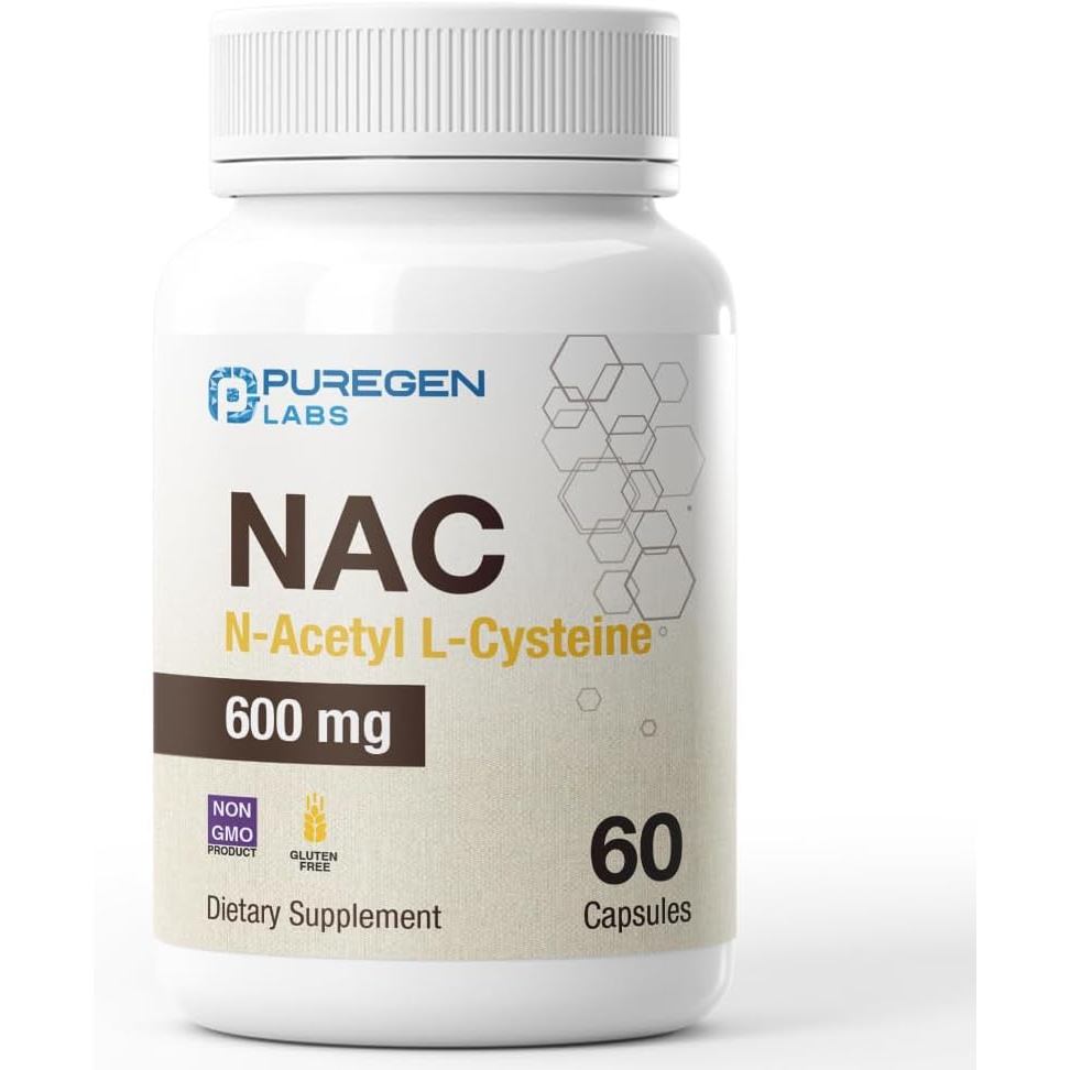PuregenLabsN-Acetyl-L-Cysteine(NAC)600mg,การสนับสนุนการบิน,NAC600mg,EasytoAbsorbab-60มังสวิรัติแคปซู