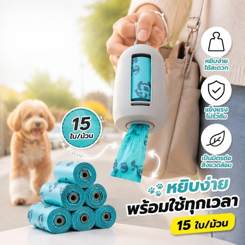 ถุงขยะสัตว์เลี้ยงแบบพกพาย่อยสลายได้กลิ่นหอมรั่วทนทนทานสุนัขเดินสะอาดม้วน
