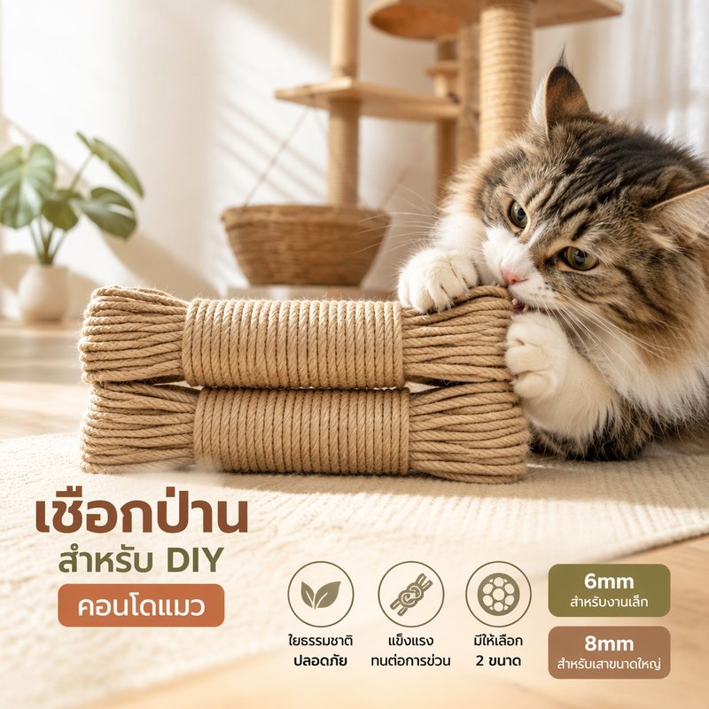 เชือกป่านศรนารายณ์ พันเสาลับเล็บแมว เชือกทำคอนโดแมว DIY 6 8mm 10 20 50m ทนแรงขูด