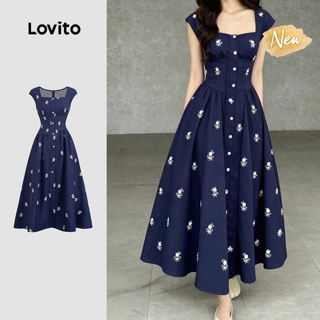 (New Arrival) Lovito เดรสสีน้ําเงินเข้มสําหรับผู้หญิง ลายแพทเทิร์นสวยหรู กระดุมหน้า เหมาะสําหรับฤดูใบไม้ผลิ/ฤดูร้อน LBL36139