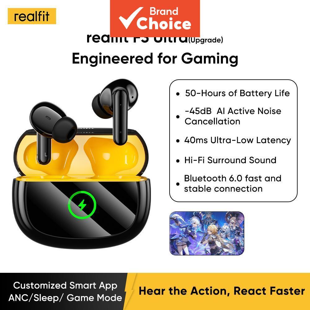 Realfit F3 Ultra หูฟังสีดํา TWS -45dB ANC Flash Charge Deeper Bass 50H แบตเตอรี่ APP EQ การตั้งค่าหูฟังหูฟังชุดหูฟังไร้สายสมาร์ทโฟน Professional คุณภาพสูง