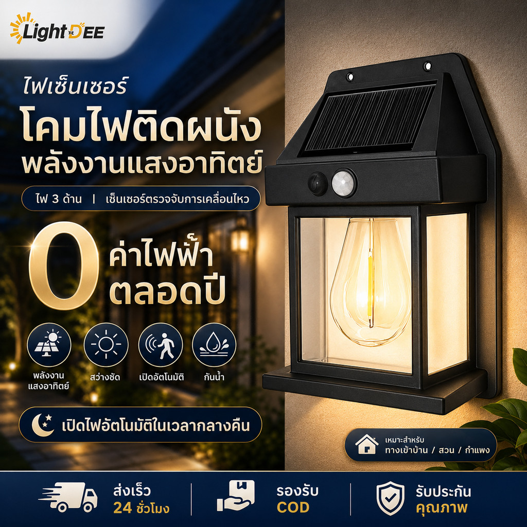 โคมไฟติดผนังพลังงานแสงอาทิตย์ LED พร้อมเซ็นเซอร์ตรวจจับการเคลื่อนไหว กันน้ำ เปิดไฟอัตโนมัติกลางคืน สำหรับสวน หน้าบ้าน
