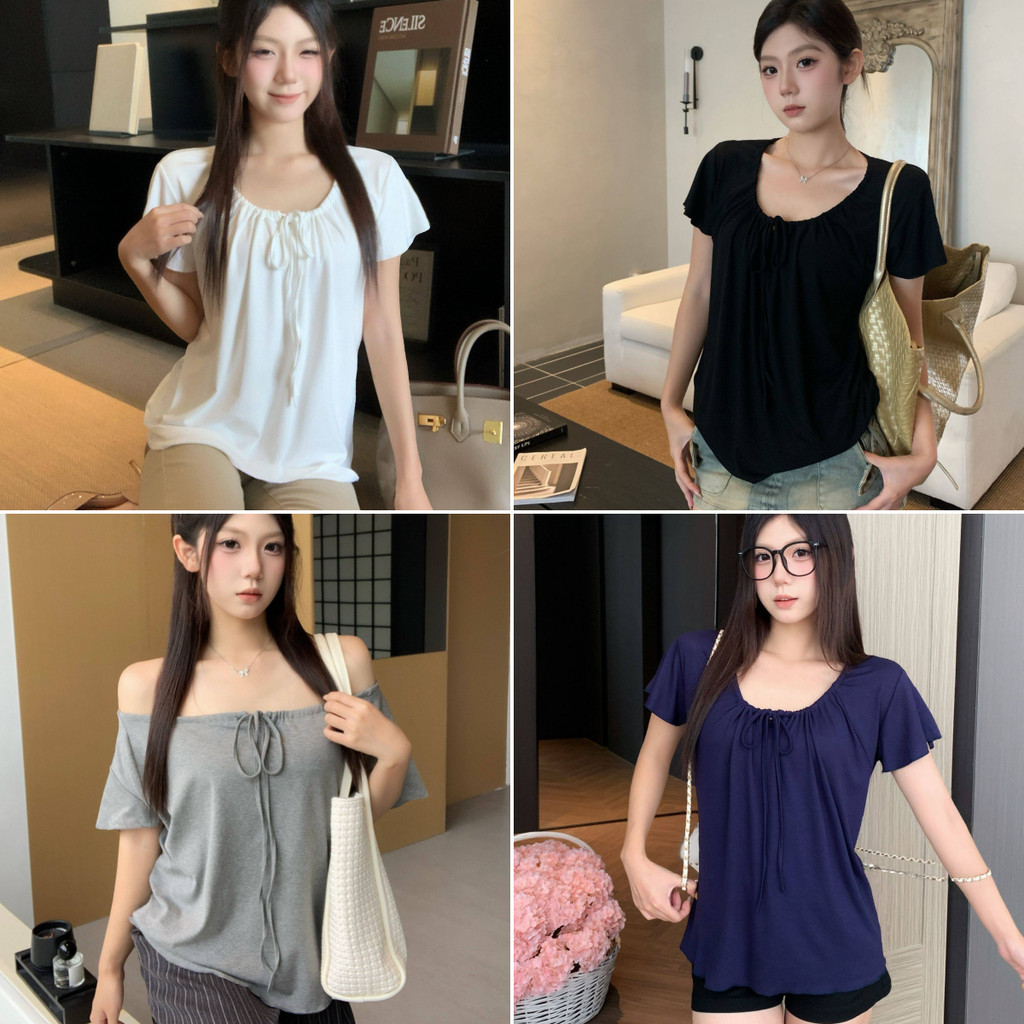 Bella Shop เสื้อยืดแฟชั่นผู้หญิง เสื้อทีเชิ้ตแขนสั้นสีเรียบ ดีไซน์คอผูกริบบิ้น ผ้านิ่มใส่สบาย สไตล์แคชชวลฤดูร้อน