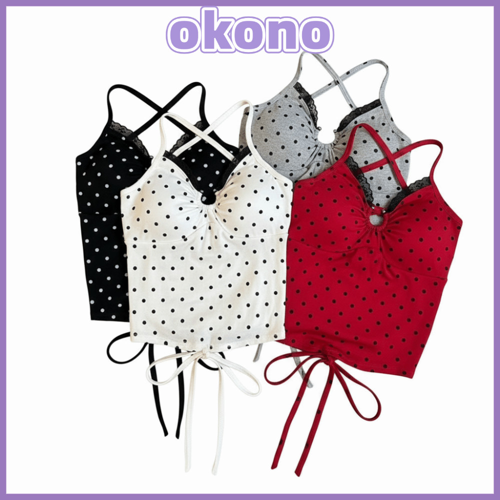 OKONO Polka Dot ผ้าฝ้าย, V คอออกแบบสปาเก็ตตี้ Crop Vest Tops, แฟชั่น Cross Backless ลูกไม้ Ropa Muje