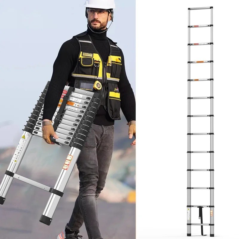 J0XV 3.8M บันไดขยายได้ Telescopic Heavy Duty อเนกประสงค์ตรง Loft บันไดแบบพกพาพับสแตนเลสบันได