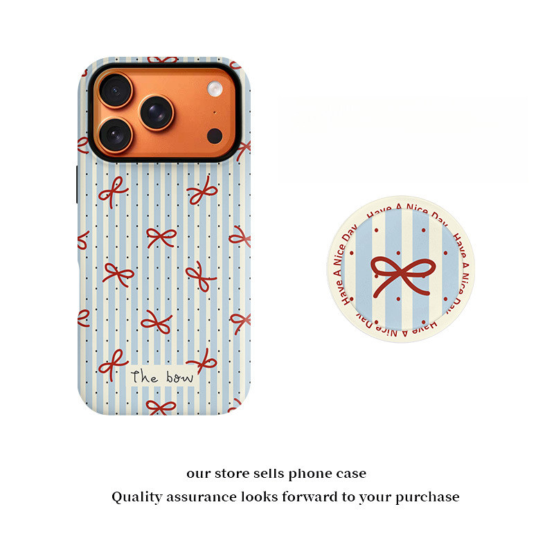 เคสไอโฟน ลายริ้วฟ้าอ่อน ลายโบว์สีน้ำตาลแดง สไตล์เกาหลี อินสตราแกรม มีขาตั้งแม่เหล็ก สำหรับ iPhone 17 16 15 14 13 Pro Max