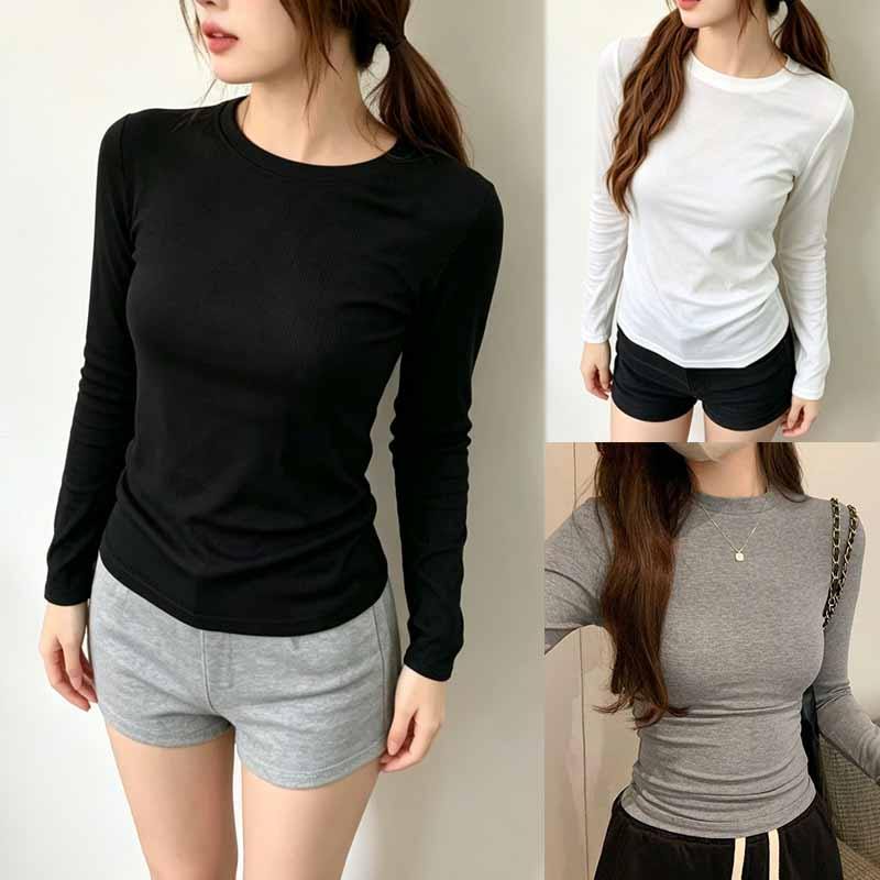 Cyra เสื้อยืดกระชับสัดส่วนทรงสลิมฟิตแขนยาวสไตล์พื้นฐานฤดูใบไม้ร่วงของผู้หญิงมาใหม่อเนกประสงค์สไตล์เกาหลีเสื้อฐานผู้หญิง