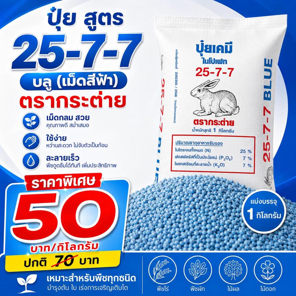 ปุ๋ย 25-7-7 กระต่าย บลู เม็ดสวย เม็ดใส 1 กิโลกรัม