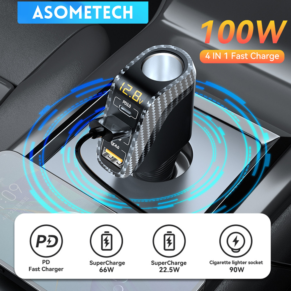 4 IN 1 Car Charger Fast Charging QC3.0 QC4.0 PD3.0 SCP 100W Quick Charge สําหรับ 14 13 โทรศัพท์มือถื