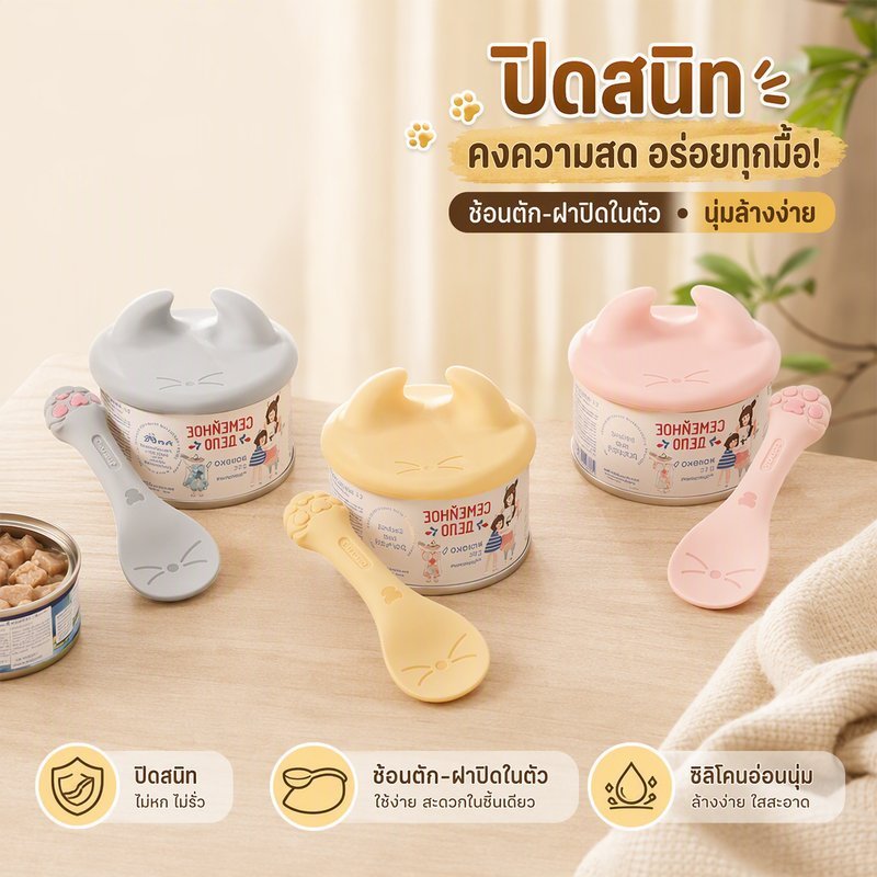 ฝาปิดกระป๋องอาหารแมว ซิลิโคนกันรั่ว เก็บความสด ปิดสนิท ลดกลิ่น พร้อมช้อนตักอาหารสัตว์