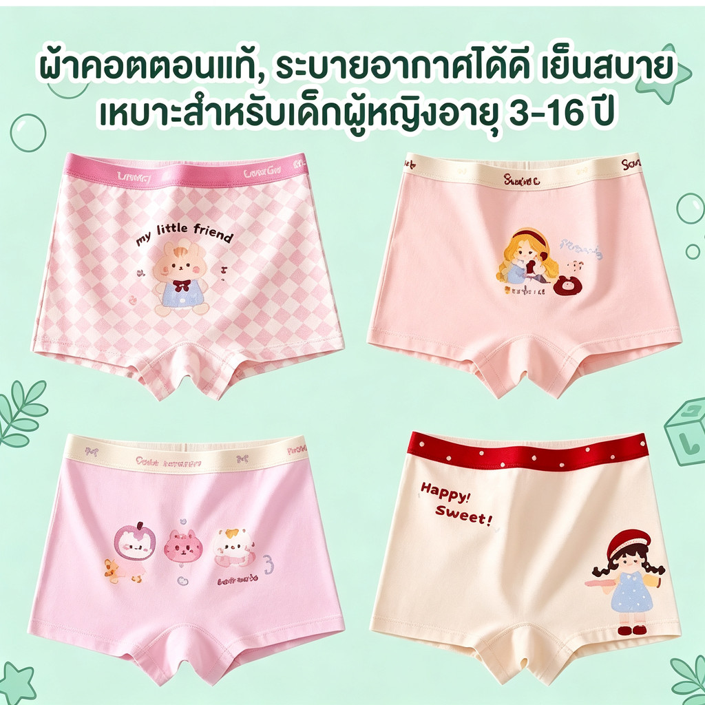 กางเกงในเด็กผู้หญิง ผ้าฝ้ายแท้ กางเกงขาสั้นสี่เหลี่ยม เกรด A ชั้นในป้องกันแบคทีเรีย สำหรับเด็กหญิง อายุยังน้อย ถึงวัยรุ่น