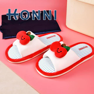 KONNI รองเท้าแตะแฟชั่น รองเท้านิ่ม หญิงน่ารัก บ้านผ้าฝ้ายผ้าลินินผ้าลินิน รองเท้าใส่ในบ้าน ลายแอปเปิ้ล