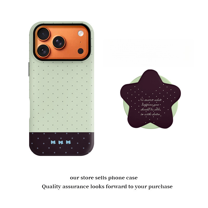 เคสไอโฟน สีเขียวอ่อนลายจุดผสานสีม่วงเข้ม ลายโบว์สีฟ้า สไตล์น่ารักวินเทจ มีขาตั้งแม่เหล็กรูปดาว สำหรับ iPhone 17 16 15 14 13 Pro Max