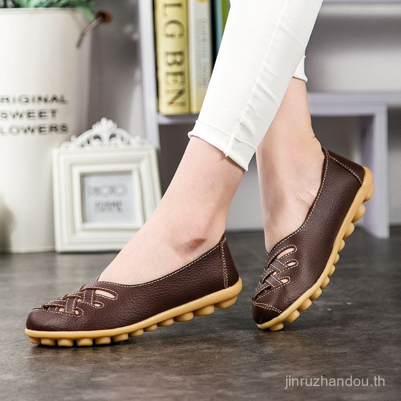 Aihuier Hollow Beef Tendon Sole Flat Heel Mother Shoes Single Shoes Flat Sandals Peas Shoes Work Wom