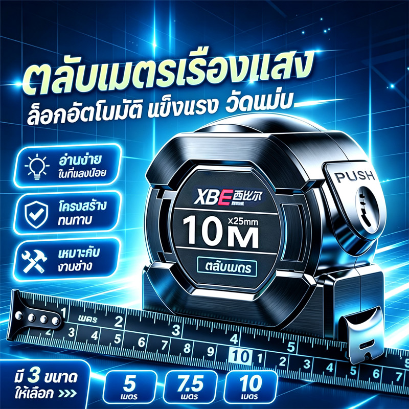 ⚡💧ตลับเมตรที่วัดขนาด กันน้ำ💧เรืองแสงในที่มืด วัดได้2หน่วย (เมตร/ฟุต)สายวัดกว้าง 25mm 5m/7.5m/10m เทปวัด 15 ปีจะไม่เสีย