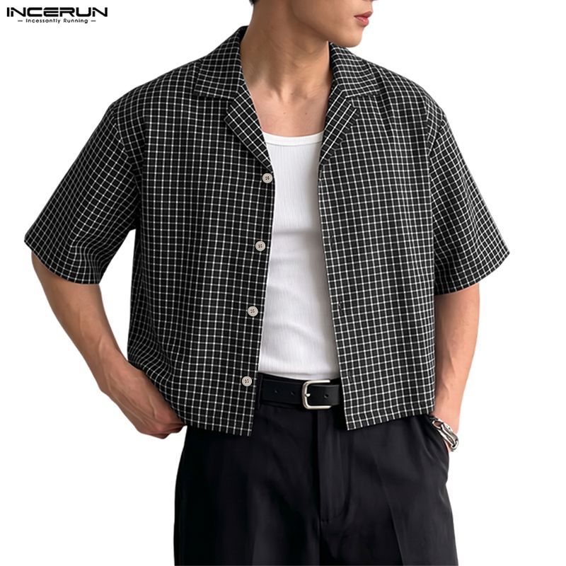 ไม่แน่นอน เสื้อเชิ้ตแขนสั้นคอปกคิวบาลายหมากรุกสําหรับผู้ชาย