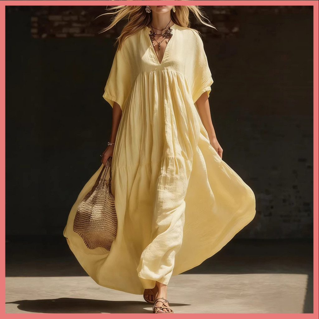 [LPA] ผู้หญิงฤดูร้อนชุดลําลองชายหาดผู้หญิง ฤดูร้อน V คอแขนสั้น A-line Swing Dress – Casual จีบ Flowy