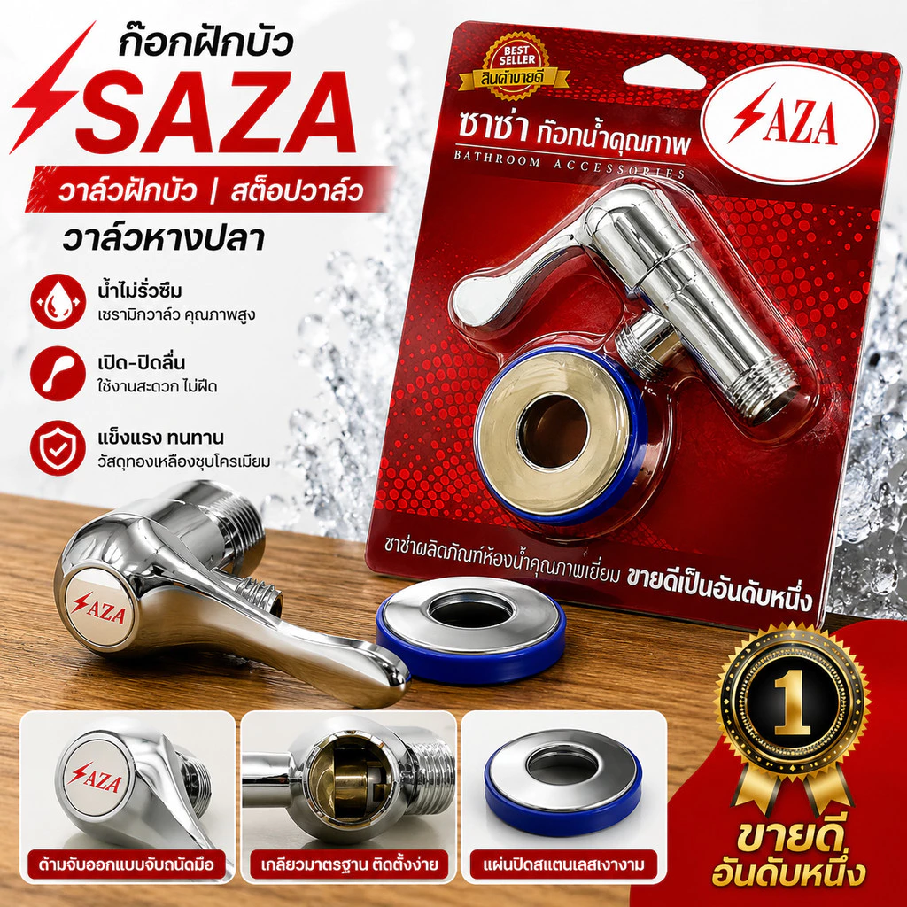 ก๊อกฝักบัว Saza วาล์ว วาล์วฝักบัว สต๊อปวาล์ว วาล์วหางปลา ก็อกฝักบัว แถมเทปพันเกลียว