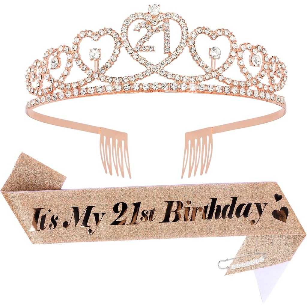 21st มงกุฎวันเกิดและสายสะพายสําหรับสาว 21st วันเกิดตกแต่ง 21st Rose Gold Tiara และ Its MY 21st Glitt