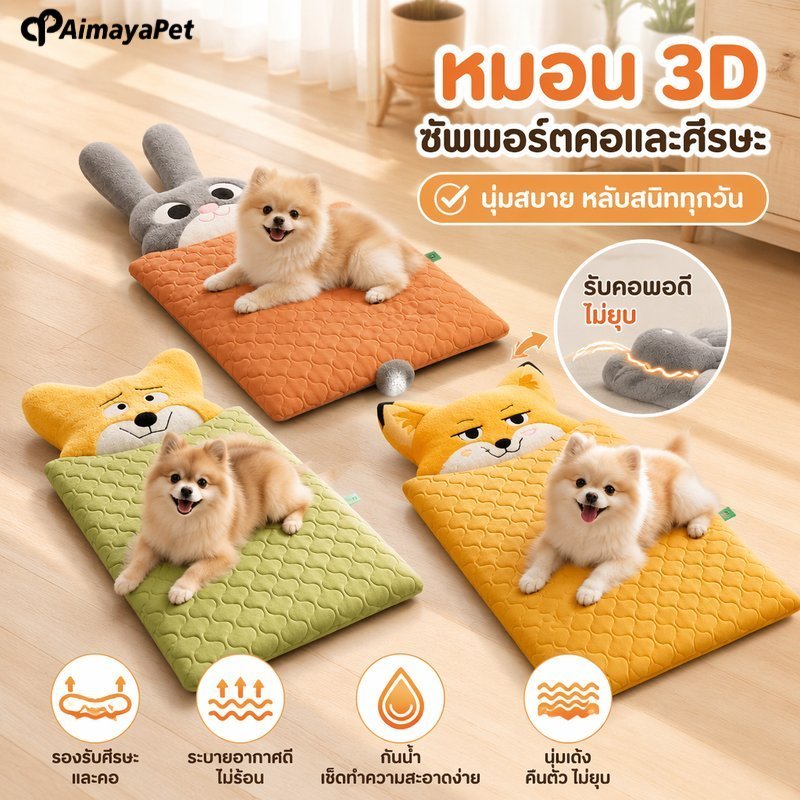 AimayaPet เบาะนอนสุนัขแมว ที่นอนสัตว์เลี้ยง ลายการ์ตูน หมอน 3D กันน้ำ ปลอกถอดซักได้ นุ่ม ทุกฤดู