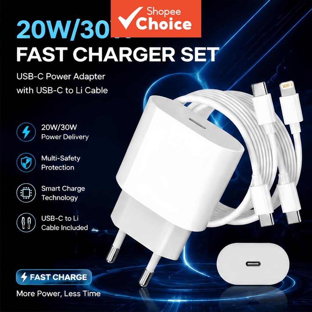 อะแดปเตอร์ชาร์จเร็วแบบ Type-C 20W/30W ทรงทาวเวอร์ พร้อมสาย Li รองรับ iPhone 7-17 Pro Max