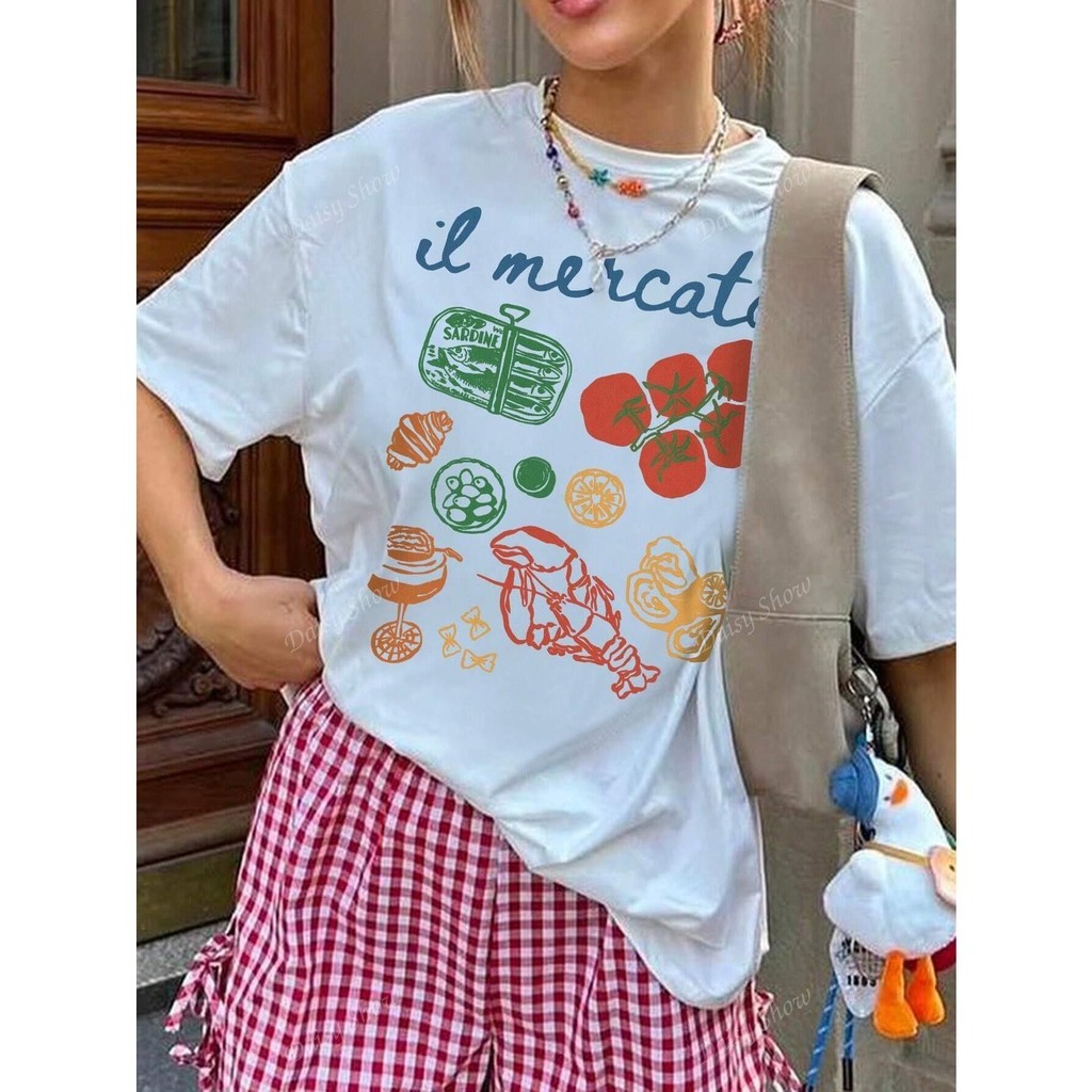 MhwkPapaya Studio เสื้อยืดโอเวอร์ไซส์ลายผักสดสไตล์อิตาลี il mercato วินเทจเกาหลี เสื้อแฟชั่นน่ารัก ใ