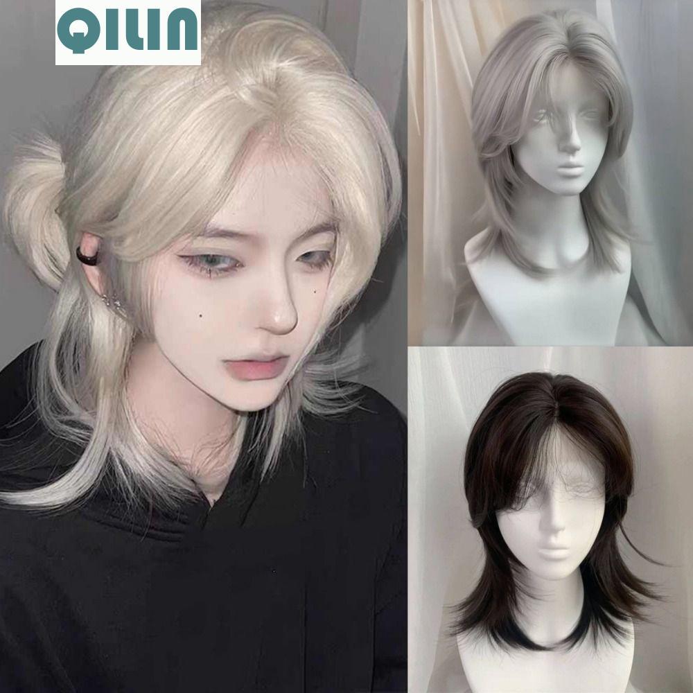 QILIN Mullet หัววิกผมเรียบ, สั้นตรงหน้าผากลูกไม้วิกผมสังเคราะห์คอสเพลย์วิกผม,ผมปลอมปุยชั้นสีขาวทองอะ