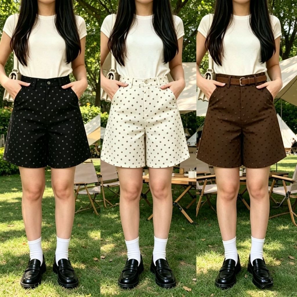 NEW กางเกงขาสั้นเอวสูง S-3XL กางเกงขาสั้นลายจุด ผ้าทวิลคอตตอน สีดำ สีน้ำตาลกาแฟ สีแอปริคอท