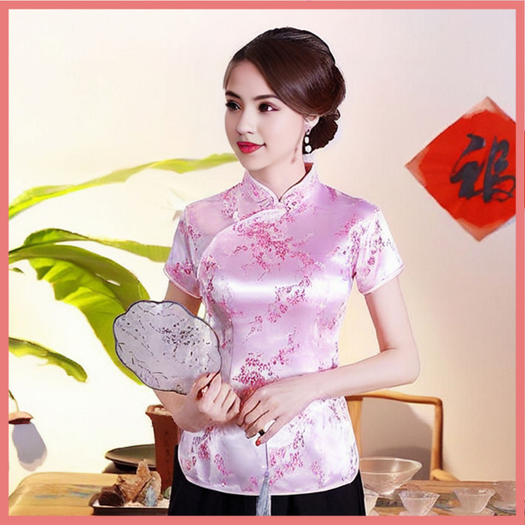 [LPA] Stand-up Collar Top Women Retro Qipao Tops Womens Retro Qipao Top Stand Collar แขนสั้นดอกไม้พิ