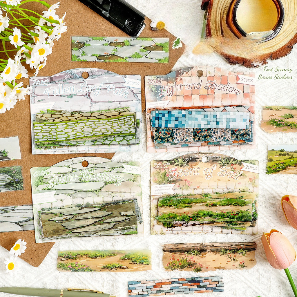 Journamm 20PCS หินเส้นทางภูมิทัศน์ PET สติกเกอร์บัญชีมือสติกเกอร์ DIY Scrapbooking วัสดุ Junk Journal อุปกรณ์