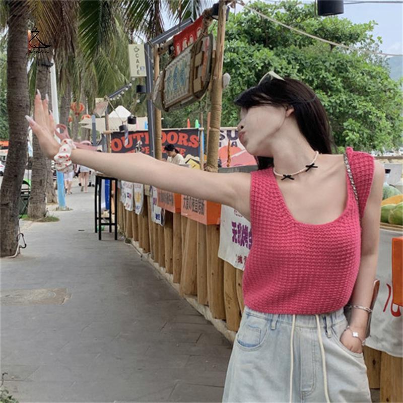 [HSSL] ฤดูร้อน Hotsweet รอบคอถักเสื้อกล้ามผู้หญิงสีทึบแขนกุดเสื้อกั๊กหลวม MCL7717