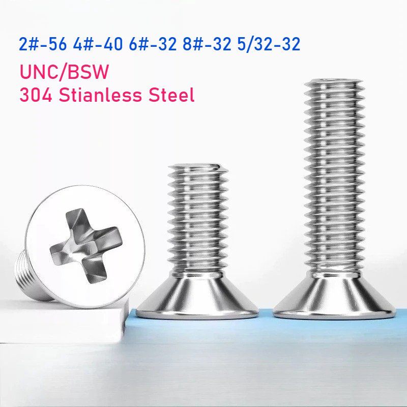 UNC/BSW 2#-56 4#-40 6#-32 8#-32 5/32-32 304 Stianless Steel Cross Offed Flat Countersunk หัวสกรู Bol