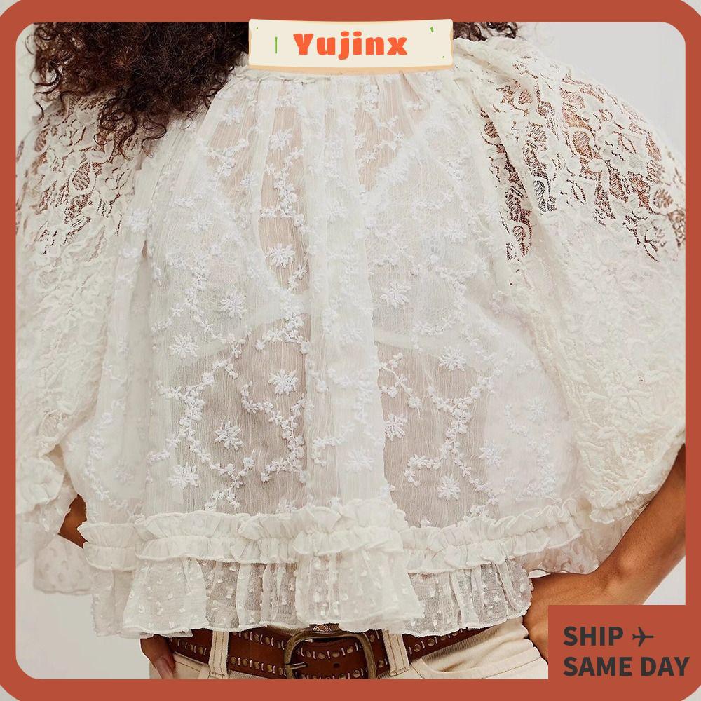 YUJINX แขนยาว,ปุ่ม O คอ Ruffle Trim เสื้อ,แฟชั่นลูกไม้ Sheer Y2k Flowy เสื้อออกไป