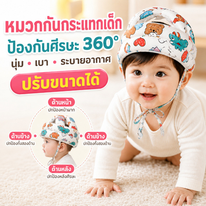 หมวกกันกระแทกเด็ก หมวกกันล้ม ปรับได้ ระบายอากาศ ผ้านุ่ม น้ำหนักเบา ป้องกันศีรษะ รอบศีรษะ