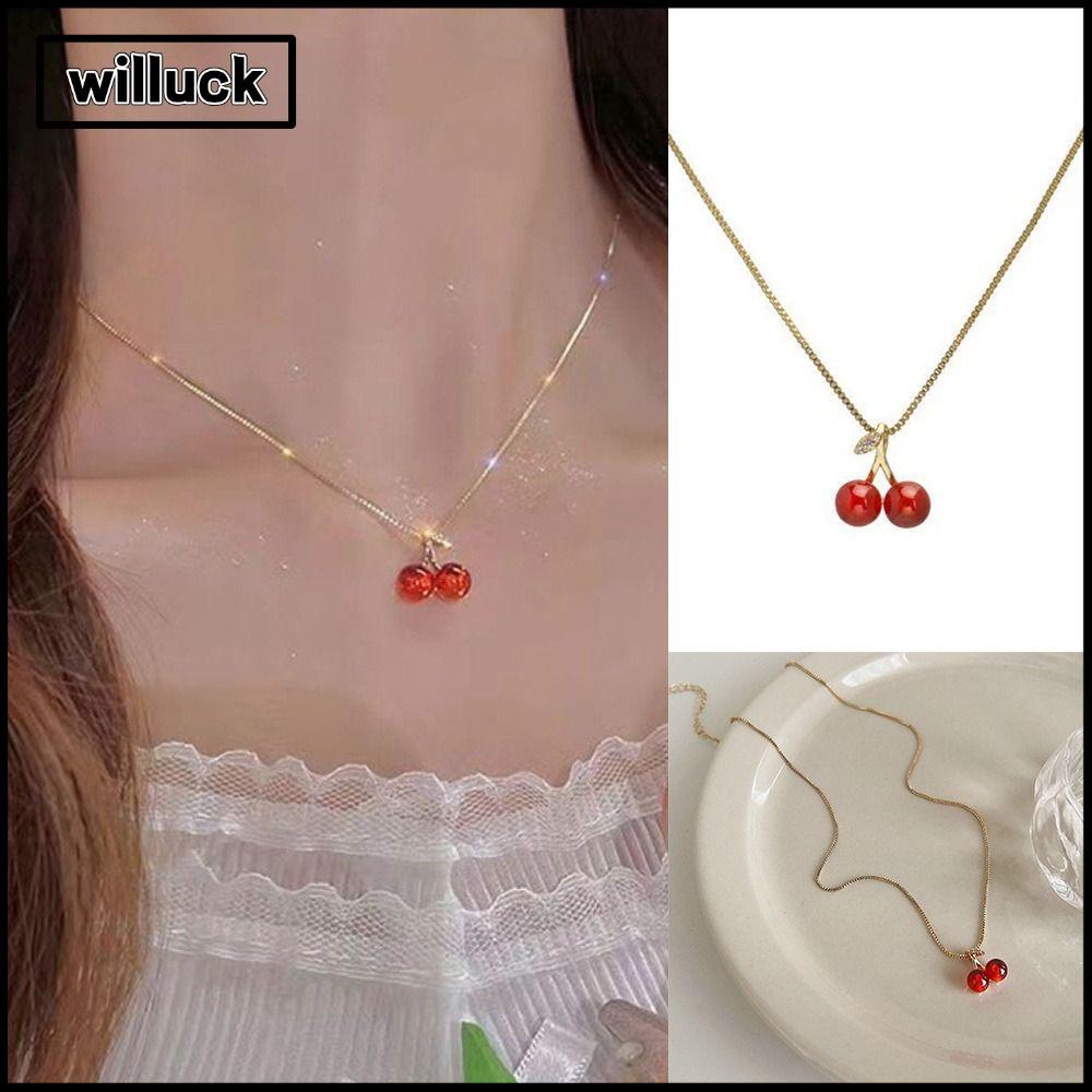 WILLUCK สร้อยคอโซ่ผลไม้, Golden Chain สีแดงเชอร์รี่สร้อยคอจี้, Jewery อุปกรณ์เสริมสร้อยคอ Jewery ผู้
