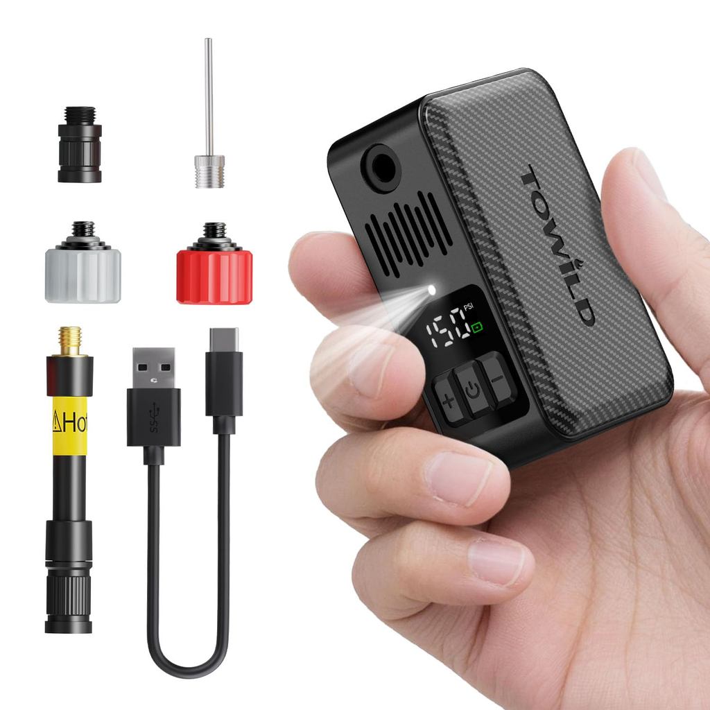 ปั๊มลมไฟฟ้าพกพา TOWILD A15 สำหรับจักรยาน สูงสุด 150 PSI ไร้สาย ชาร์จ USB-C จอ LED รองรับจุ๊บฝรั่งเศส