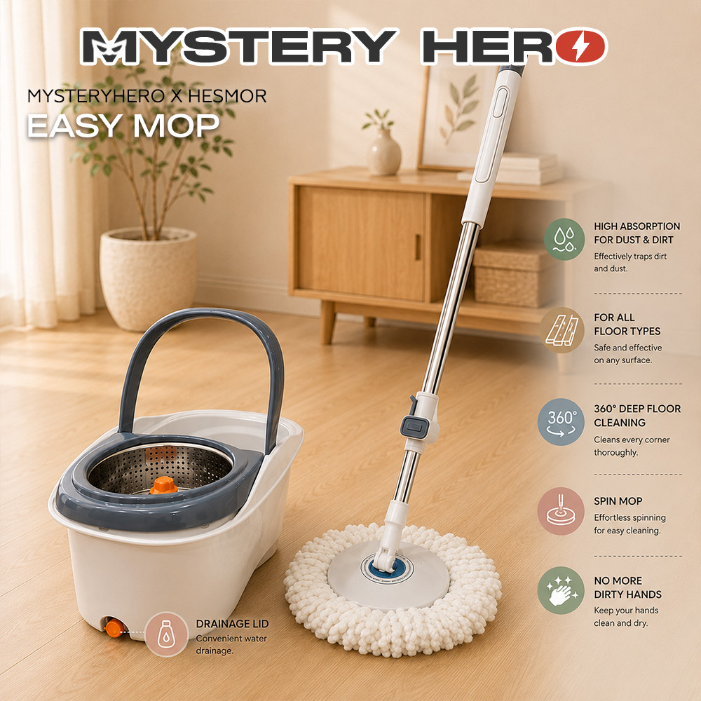 MYSTERYHERO Easy Spin Mop ชุดถัง 360 ไมโครไฟเบอร์ทําความสะอาดง่าย Mop Pad Mop หมุนชั้น Mop Lantai Pu