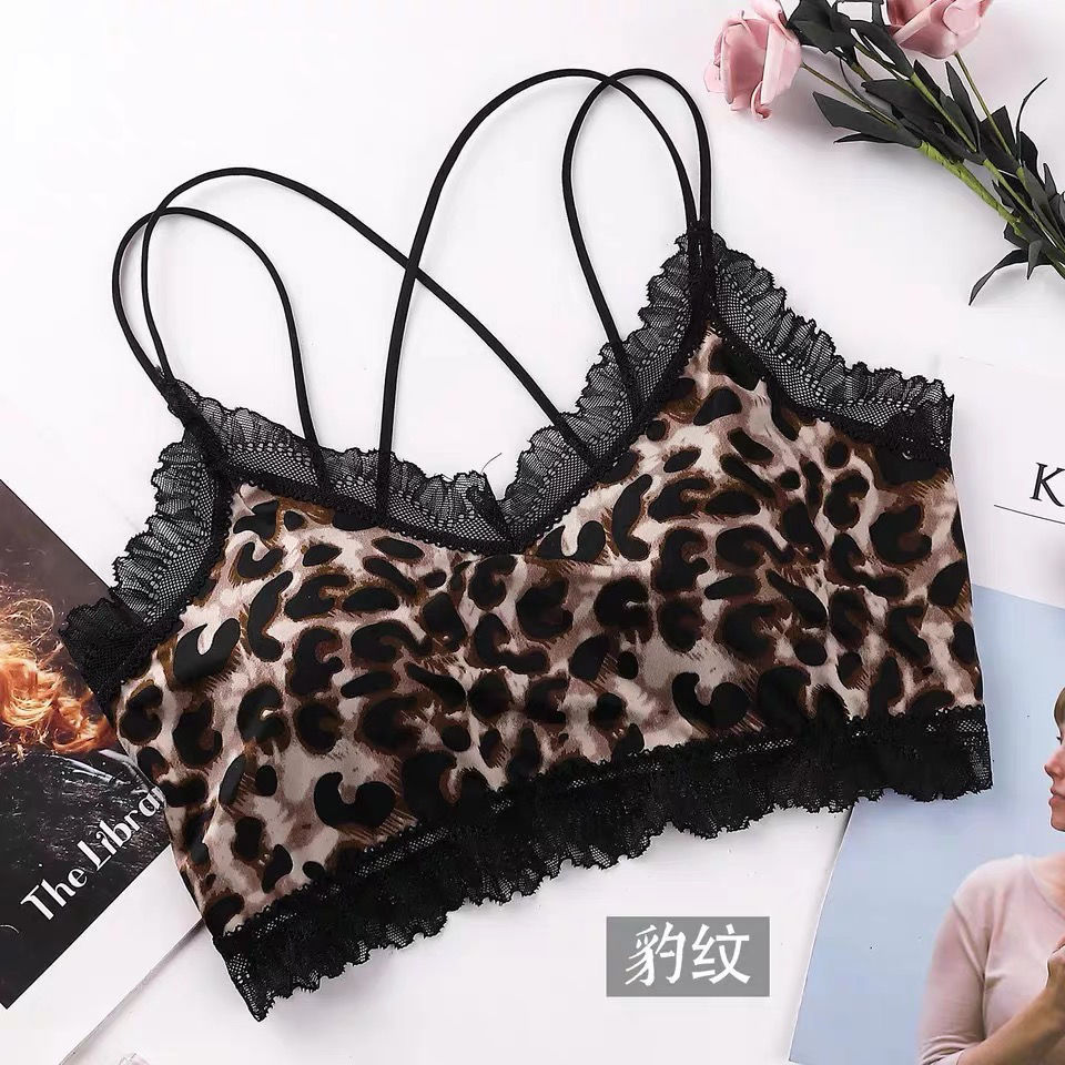 【ks1467.th】 女士豹纹裹胸带胸垫抹胸加肥加大码内衣蕾丝吊带背心运动美背Women's Leopard Print Chest Wrap wi Chest Pad Tube Top Plu 【