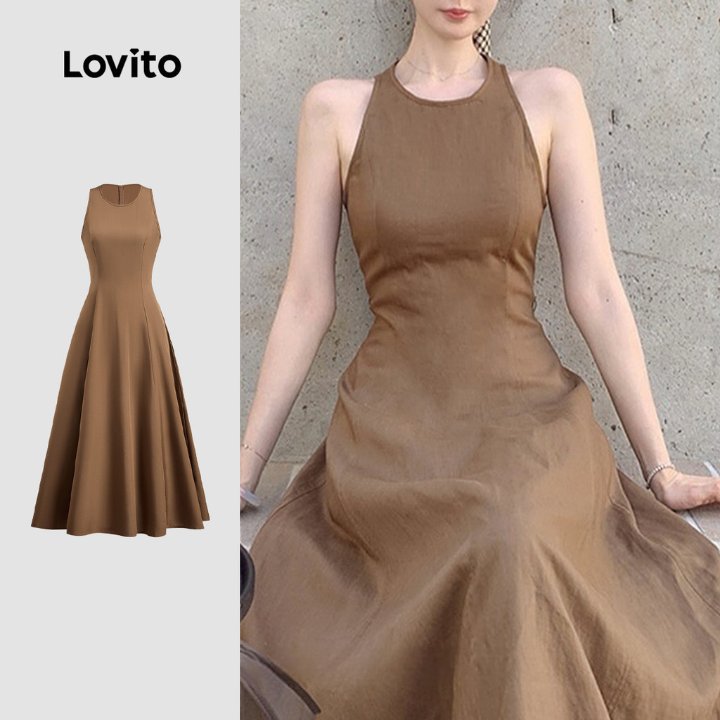 Lovito สง่างาม ชุดเดรสผ้าเย็บสำหรับฤดูใบไม้ผลิ/ฤดูร้อน สีซีเปีย สำหรับผู้หญิง L150ED242